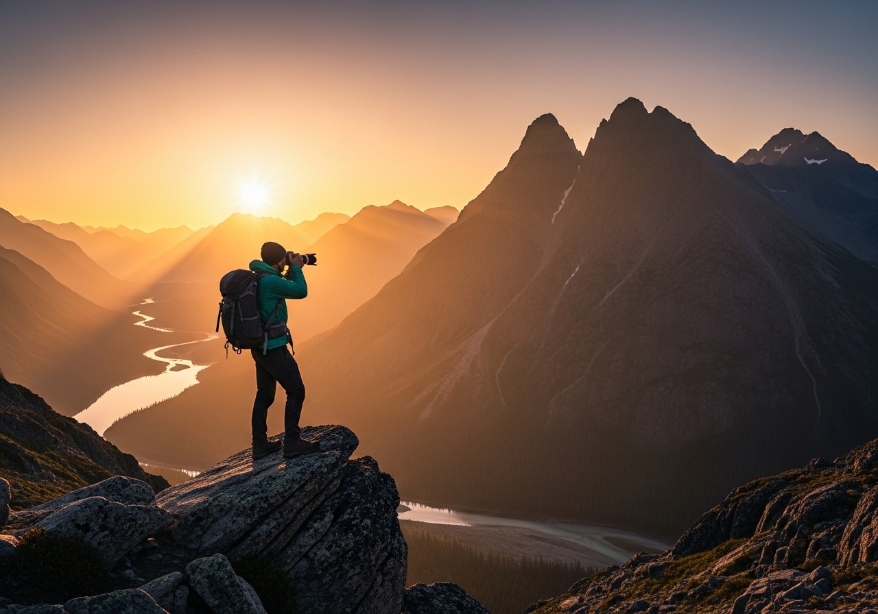 A person taking a photo in a mountainous landscape